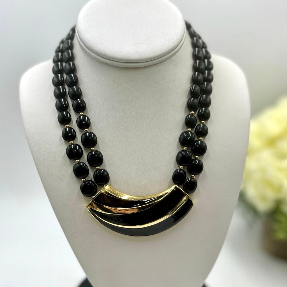 Trifari Vintage Double‎ Strand Beaded Black Goldtone Egyptian
Revival Necklace